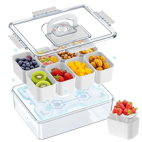 Palksky Snackle Box Container with Ice Pack, Travel Snack Containers with Lid & Handle, Chilled Portable Divided Serving Tray, 8 Compartments Bento Snack Box for Fruits Veggies Snacks, Keep Food Cold | Amazon (US)