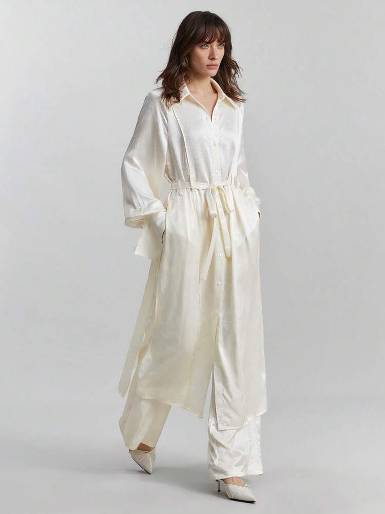 Ontre 2026 Spring/Summer New Women's Apricot Satin Textured Elastic Waist Wide Leg Pants, Minimalist Fashion Casual For Daily, Bohemian Style, Holiday, Wedding, Spring | SHEIN
