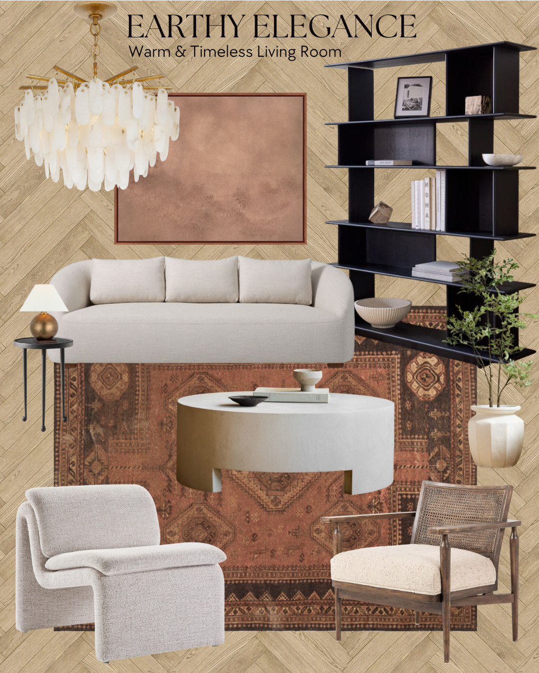 A cozy and elegant living room concept, where neutral tones meet timeless textures. The earthy rug and soft oak flooring create a grounded, welcoming atmosphere, while the statement chandelier adds a refined touch. Perfect for those who love a warm, lived-in feel without sacrificing modern elegance. Every piece here speaks of balance — clean lines, natural materials, and subtle luxury. For interior Design Project: @nauanagarcez.arq 

 #LTKhome