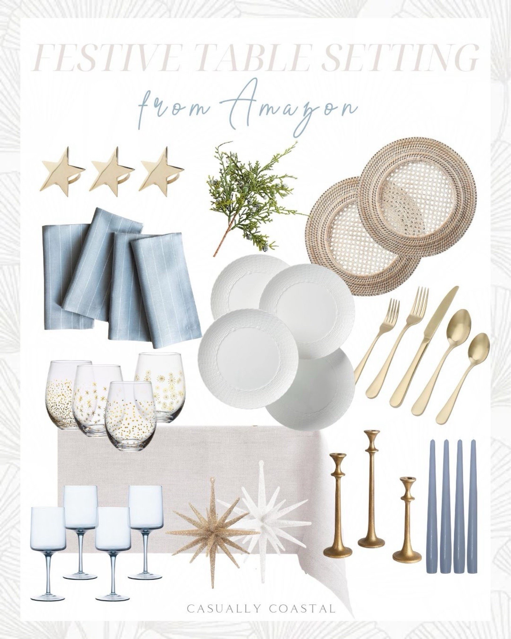 Create a festive, coastal table setting from Amazon! 
- 
Amazon dinner plates, rattan chargers, Lenox dinner plates, place setting, holiday tablescape, coastal tablescape, blue wine glasses, Mikasa stemless glasses, blue linen napkins, star napkin rings, star decor, gold candle holders, blue taper candles, champagne gold silverware, juniper picks, snowglobe, placeholder, holiday napkin holders, christmas tablescape ideas, coastal tablescape ideas, coastal christmas tablescape, amazon tablescape, amazon napkins, amazon napkin rings, white plates, white dishware, amazon dinner plates, amazon wine glasses, amazon candleholders, amazon candles, amazon tablecloth, neutral tablescape ideas, blue napkins, gold napkin rings for christmas, amazon chargers, woven chargers, christmas napkin rings, new years eve wine glasses

#LTKHoliday #LTKHome #LTKFindsUnder100