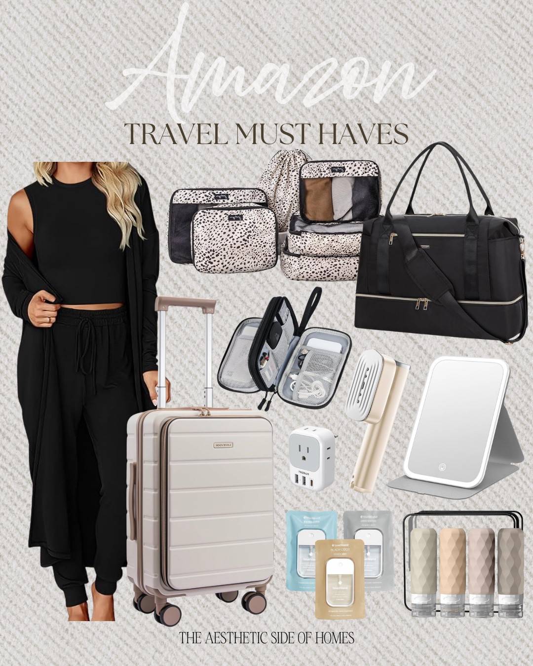 Amazon travel must haves include duffle bag, packing cubes, travel mirror, steamer, cord organizer, outlet adapter, hand sanitizer, suit case, and travel outfit.

Travel must haves, Amazon finds, looks for less, summer vacation

#LTKTravel #LTKSaleAlert #LTKvlog