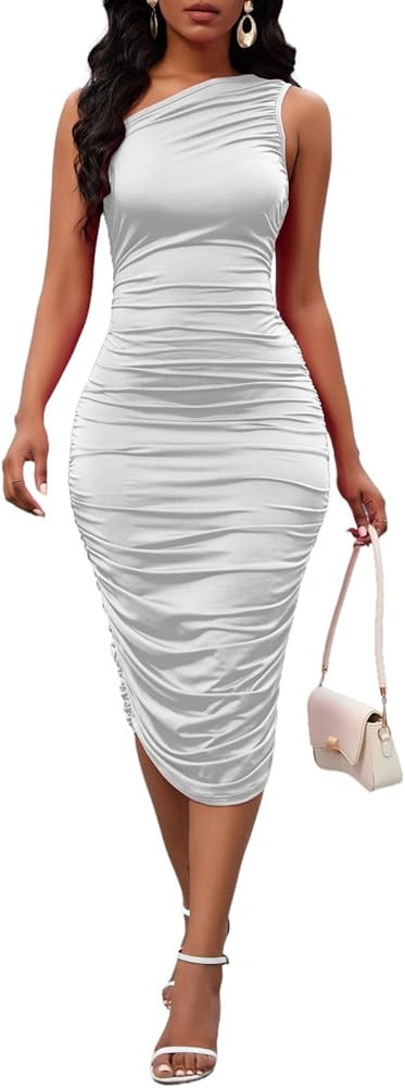 Women's Sexy One Shoulder Dresses Sleeveless Party Club Ruched Cocktail Wedding Guest Bodycon Mid... | Amazon (US)