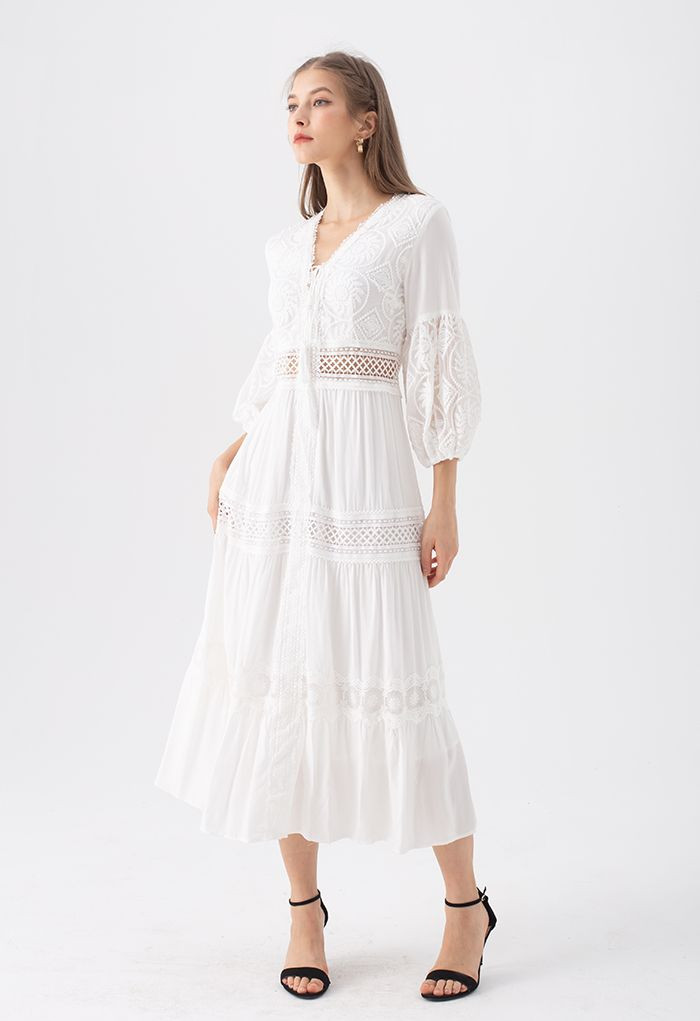 Sunflower Embroidered Lace-Up Front White Maxi Dress | Chicwish
