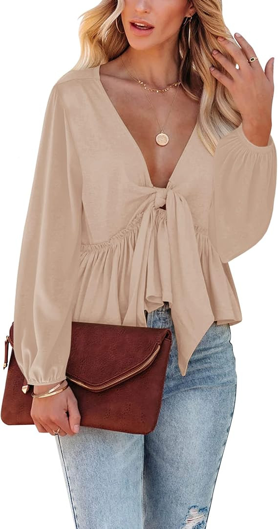 Fanway&EC Women's Long Sleeve V Neck Blouses Babydoll Tie Front Shirts Ruffle Hem Casual Crop Top... | Amazon (US)