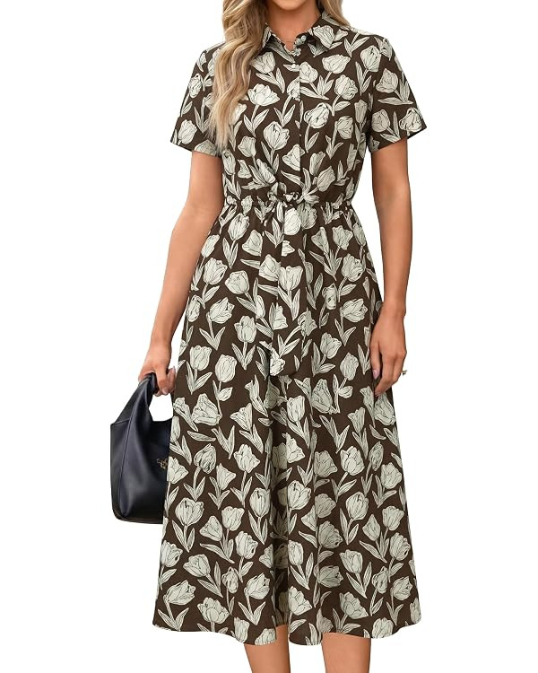 Newshows Womens Wear to Work Teacher Business Casual Outfits Long Dresses Tie Waist Shirt Dress A... | Amazon (US)