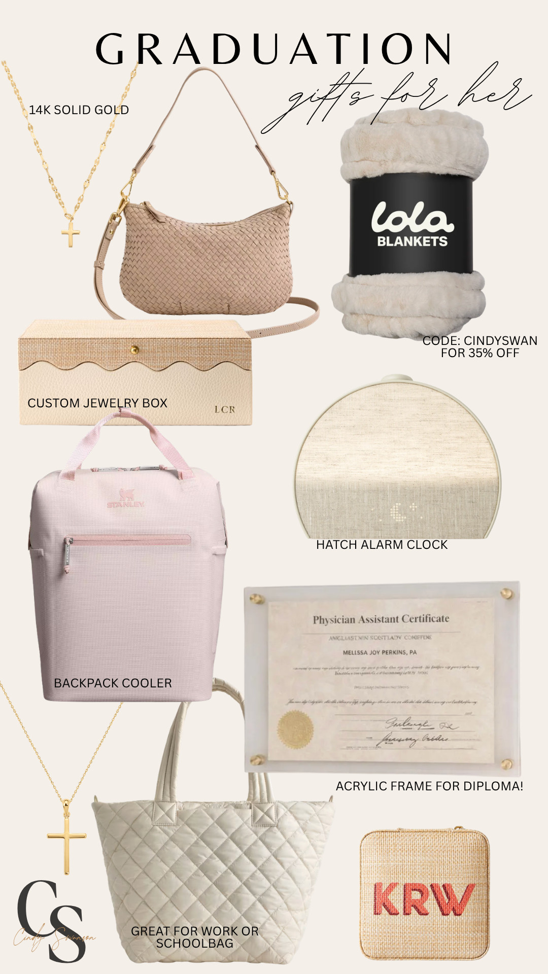 Graduation (high school or college) gifts for her! I have gifted a lot of these and have been a hit! Lola blanket, purse, work tote, necklace, hatch alarm clock, diploma frame, custom jewelry box, backpack cooler!  

 #LTKU