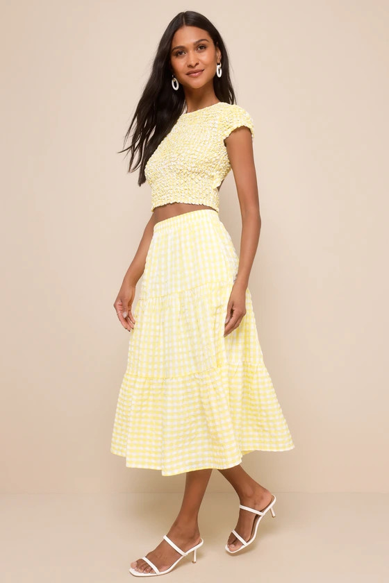 Cheerful Perfection Yellow Gingham Smocked Two-Piece Midi Dress | Lulus