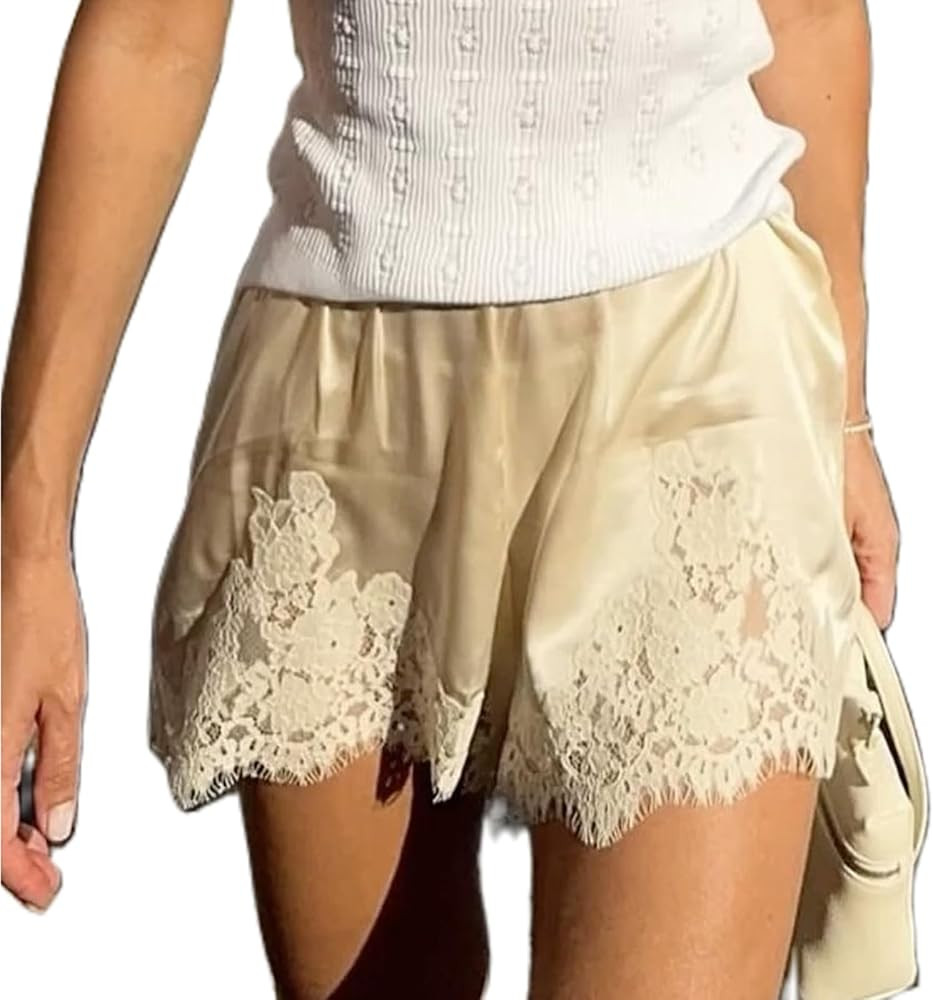Womens Lace Trim Booty Patchwork Boy Shorts Loose Satin Y2k Cute Lounge Sleep Pjs Pajamas Slip Bo... | Amazon (US)