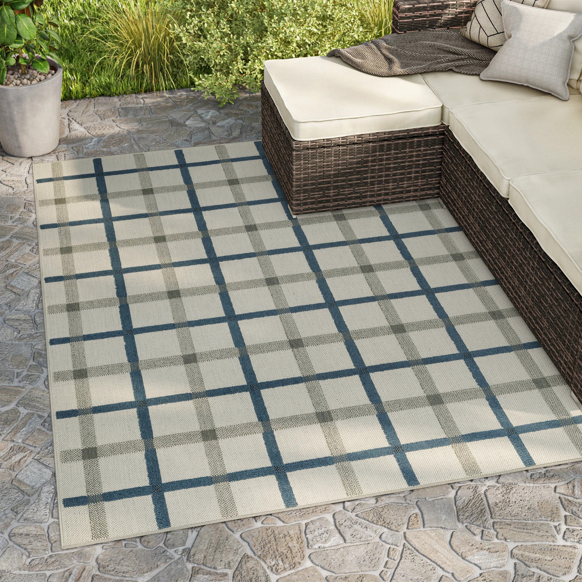 Hirsh Geometric Plaid Beige/Blue Indoor/Outdoor Area Rug | Wayfair North America