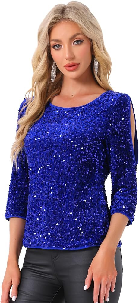 Allegra K Sparkle Sequin Velvet Tops for Women's Cut Out Half Sleeve Party Club Holiday Blouse | Amazon (US)