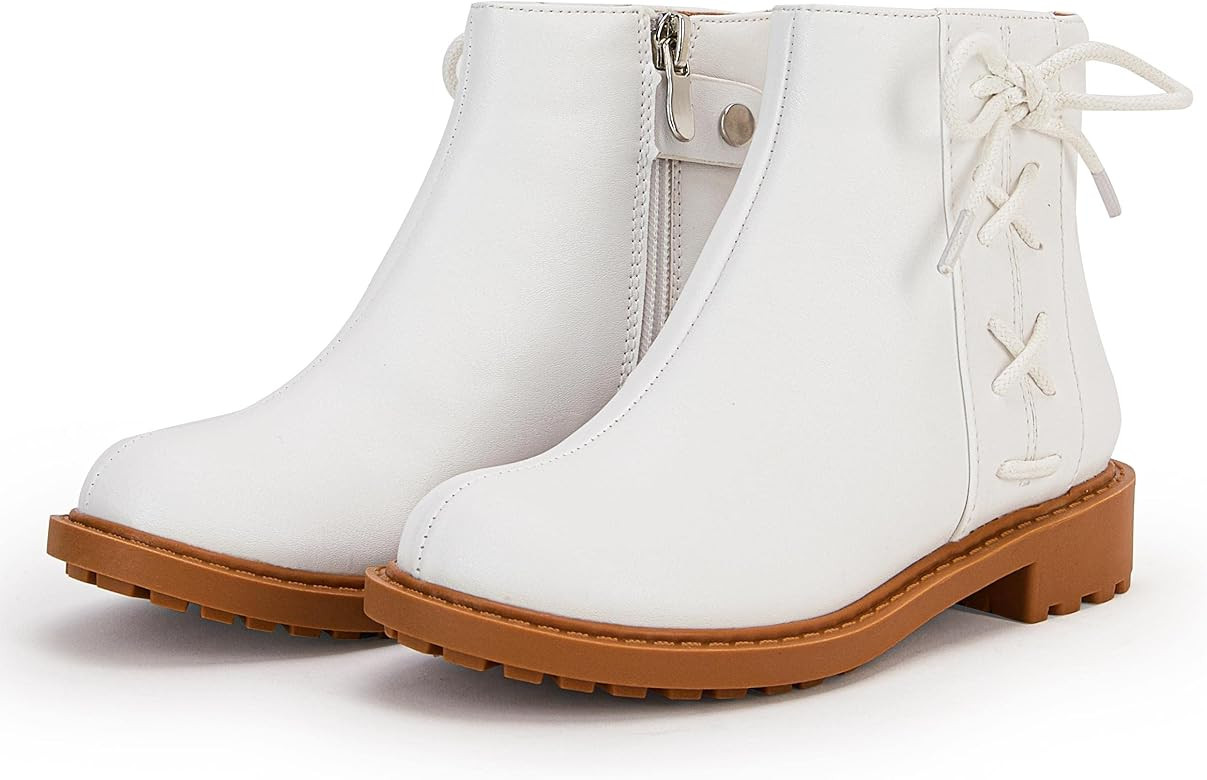 Amazon.com: Coutgo Girls Tie Knot Ankle Boots Chunky Low Heel Leather Dress Booties With Zipper :... | Amazon (US)