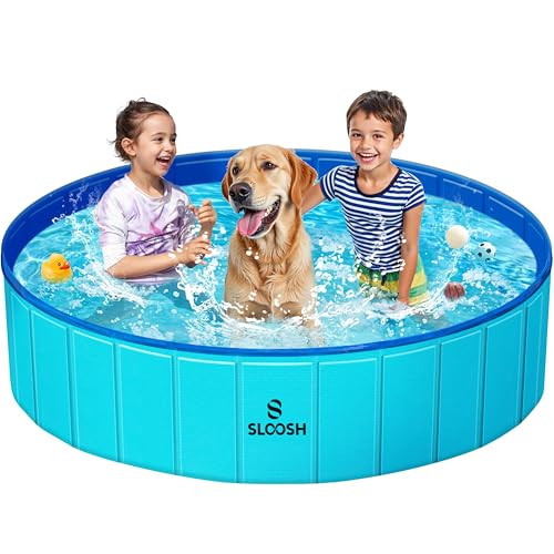 SLOOSH Foldable Dog Kiddie Pool - Portable Hard Plastic Doggie Swimming Pool, Anti-Slip Collapsible Pets Bath Tub Suitable for Kids Indoor Outdoor Backyard Use (63" x 12", Blue) | Amazon (US)