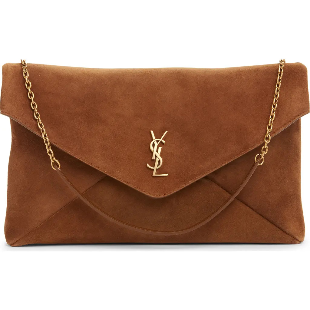 Saint Laurent Extra Large Cassandre Suede Pouch on a Chain in Caramel Cognac at Nordstrom | Nordstrom