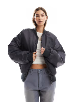 Lioness oversized puffer zip through bomber jacket in charcoal | ASOS (Global)