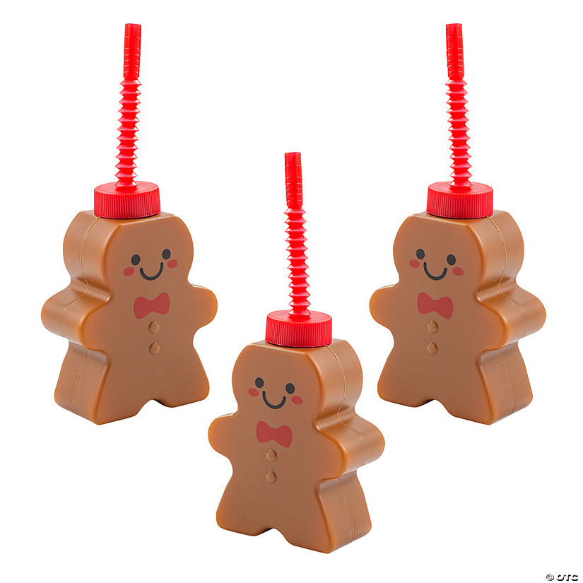 4 1/2" 10 oz. Gingerbread Man Reusable BPA-Free Plastic Cups with Lids & Straws - 12 Ct. | Oriental Trading Company