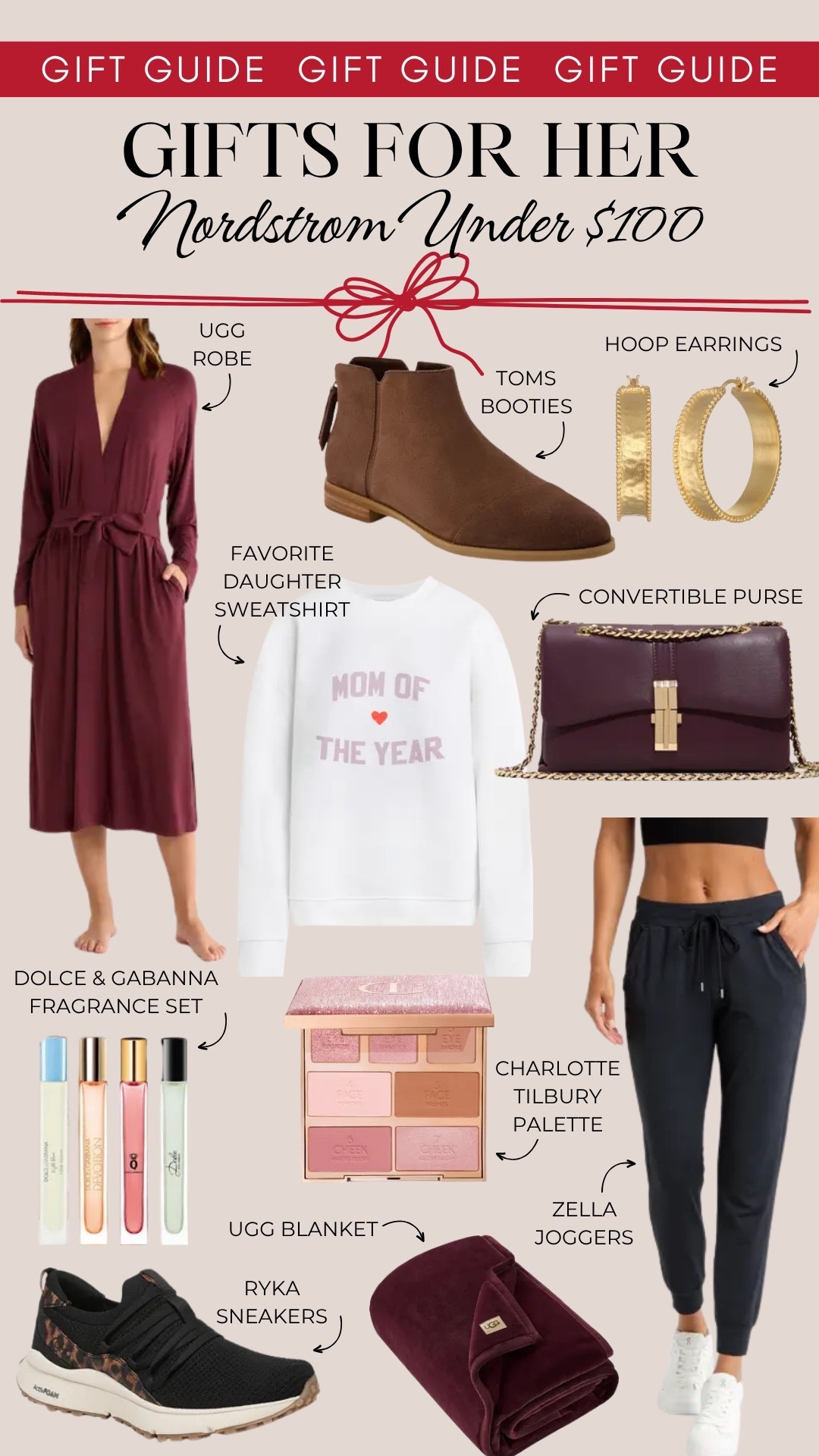 Gifts for her from Nordstrom under $100, including an Ugg robe, TOMS booties, hoop earrings, a sweatshirt from Favorite Daughter, a convertible purse, Dolce & Gabanna fragrance set, Charlotte Tillbury palette, Zella joggers, Ryka slippers, and an Ugg blanket.

Gifts for her, gifts under 100, gifts for mom, gifts for grandma

#LTKFindsUnder100 #LTKHoliday #LTKGiftGuide
