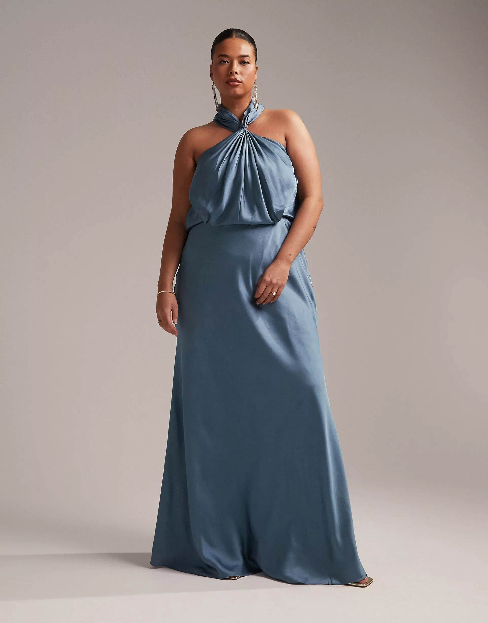 ASOS DESIGN Bridesmaid Curve satin ruched halter neck maxi dress in dusky blue | ASOS | ASOS (Global)