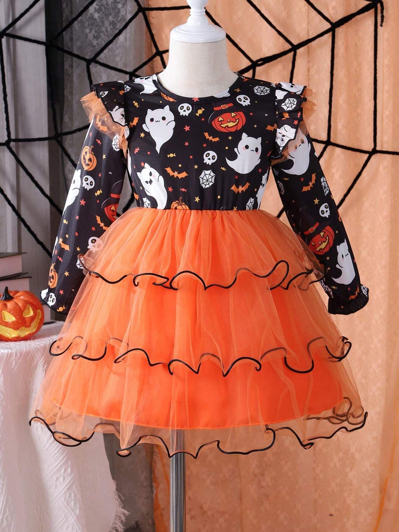 Young Girl Halloween Print Ruffle Trim Mesh Hem Dress | SHEIN