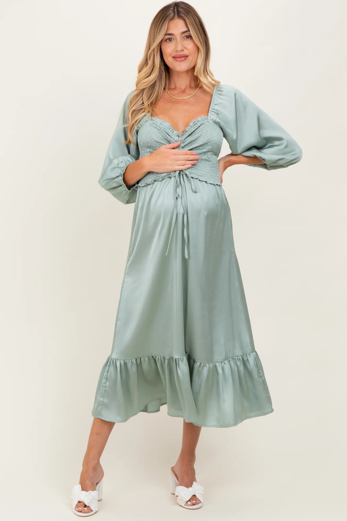 Light Olive Satin Smocked Cinched Bust Maternity Midi Dress | PinkBlush Maternity