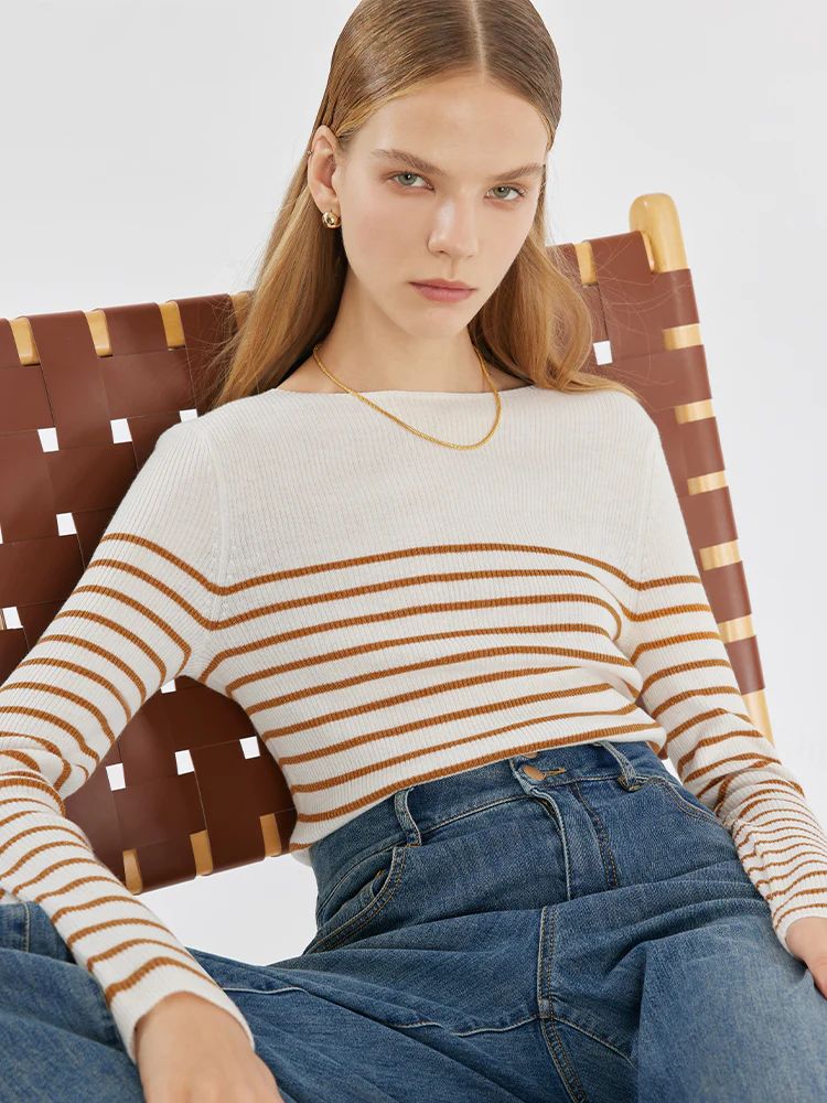 Wool Striped Boatneck Slim Women Sweater | GOELIA
