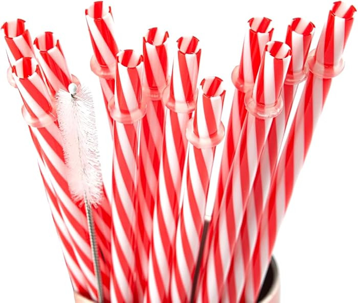 Christmas Reusable Plastic Straws Red and White Striped Straws with Cleaner Brush Xmas Drinking S... | Amazon (US)