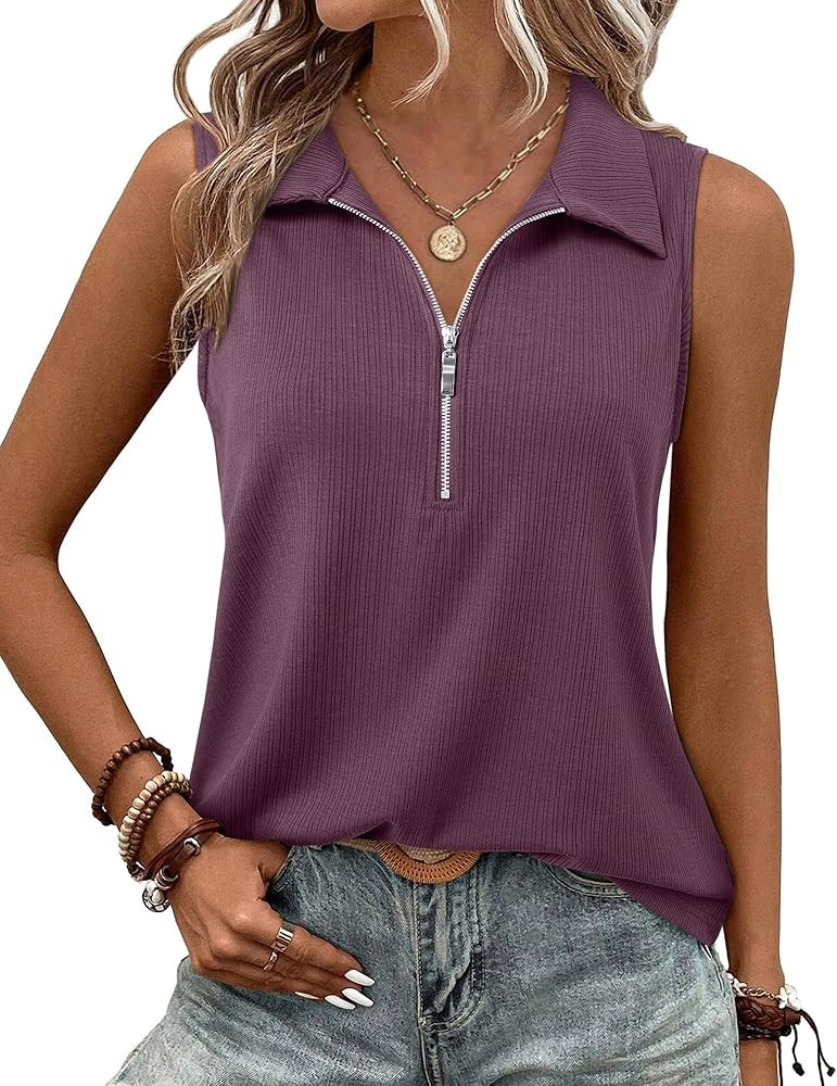 Vivilli Womens Ribbed Tank Top Zipper V Neck Dressy Casual Blouses Sleeveless Camisole Tops Work ... | Amazon (US)