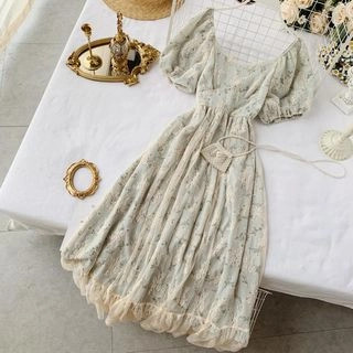 Lucuna - Short-Sleeve Floral Lace-Overlay Midi A-Line Dress | YesStyle | YesStyle Global