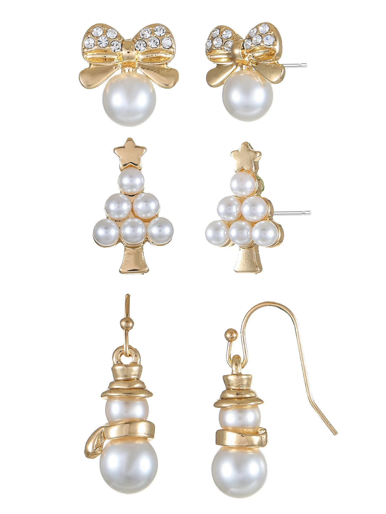 Holiday Time Women's Goldtone Christmas Motif Earrings, Simulated Pearl, 3 Pairs - Walmart.com | Walmart (US)