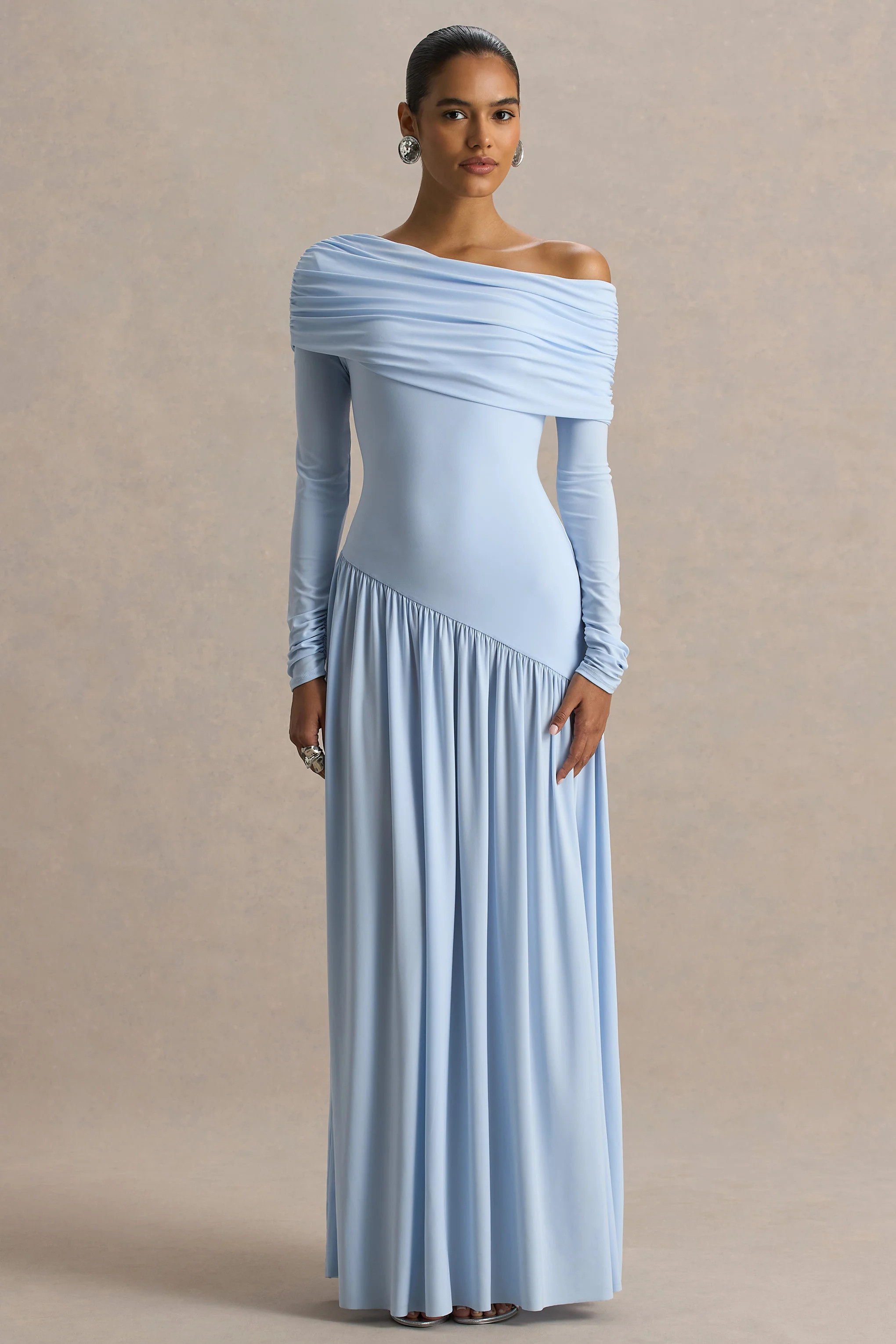 Farah | Powder Blue Asymmetric-Neck Maxi Dress With Drop Waist And Ruc | Club L London