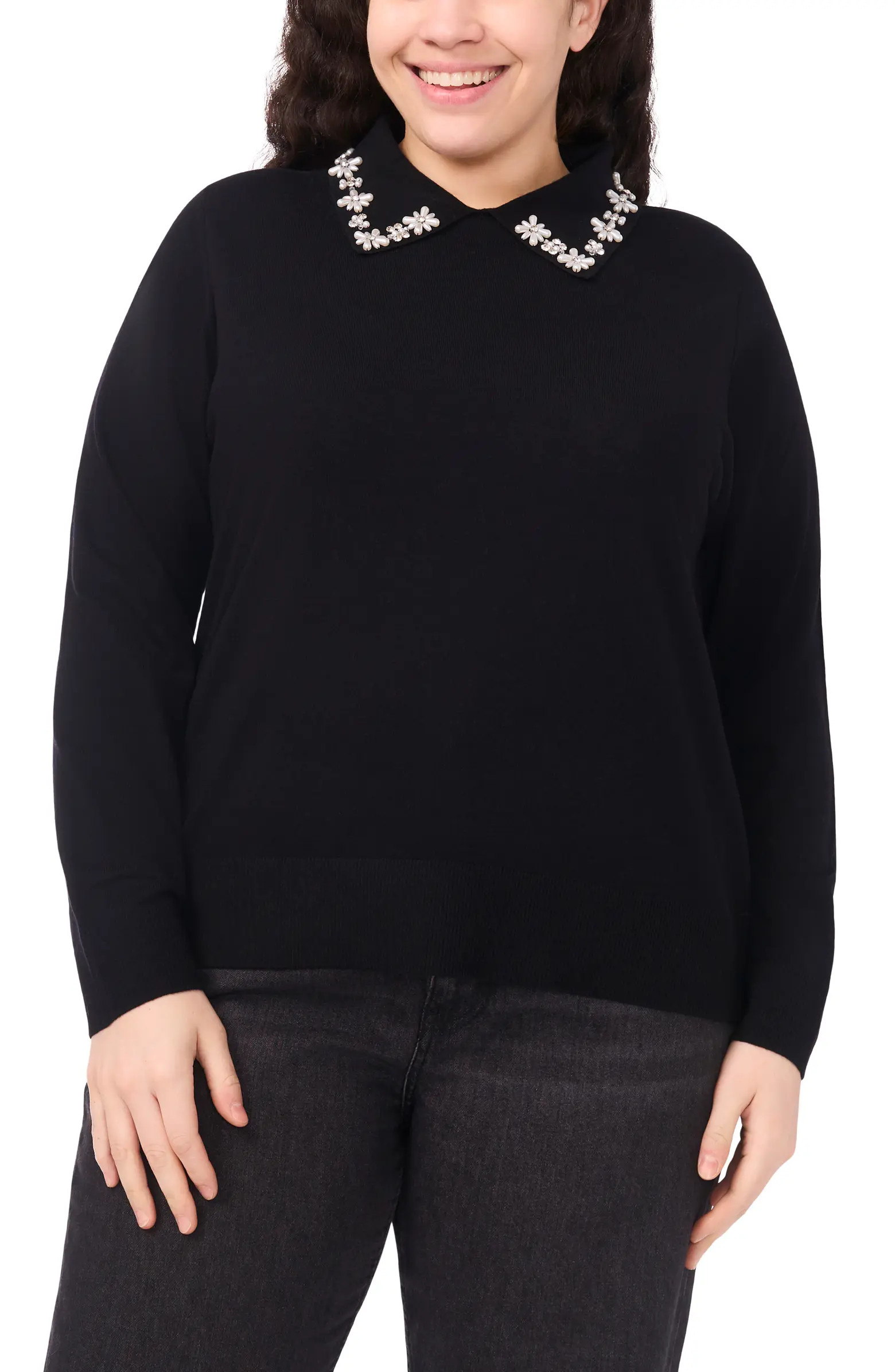 Faux Pearl & Rhinestone Detail Collared Sweater | Nordstrom