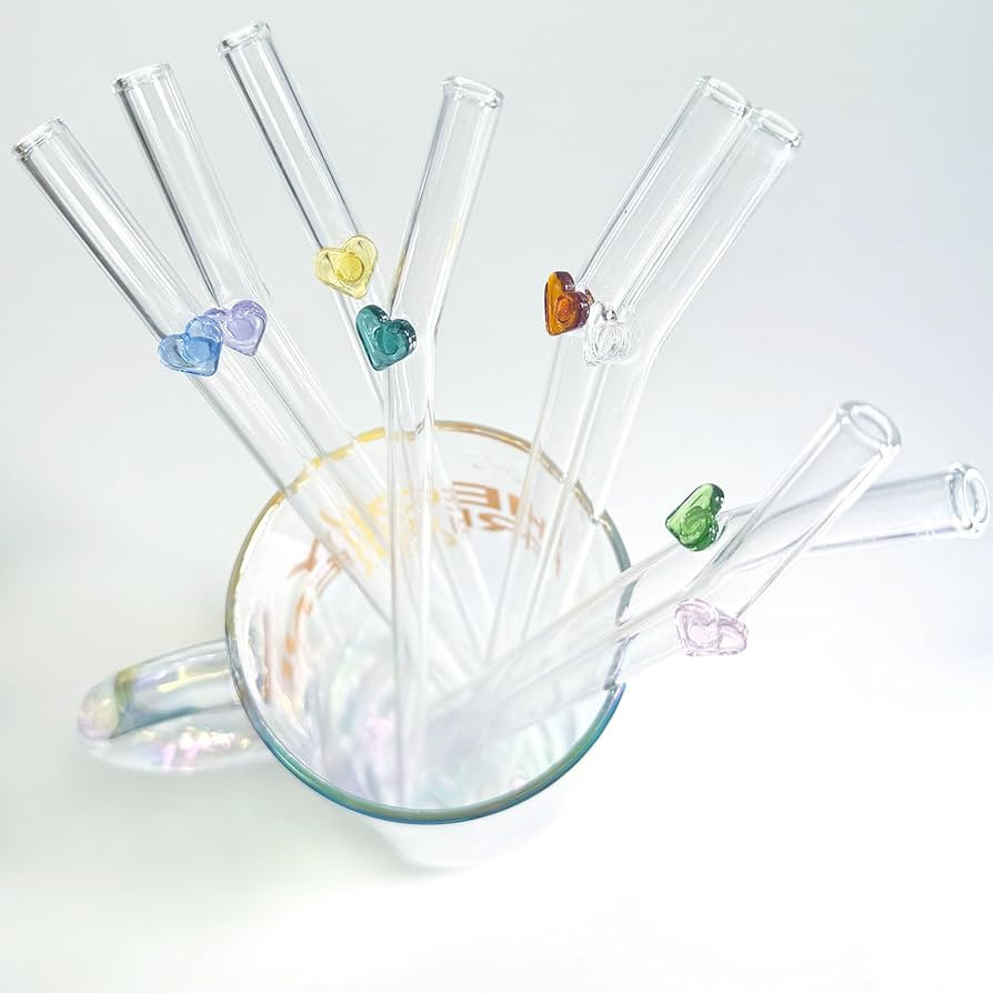 Reusable Glass Straws 8 Colorful Heart-Shaped Bent Straws with Cleaning Brushes, 8"x 0.3" Thick C... | Amazon (US)