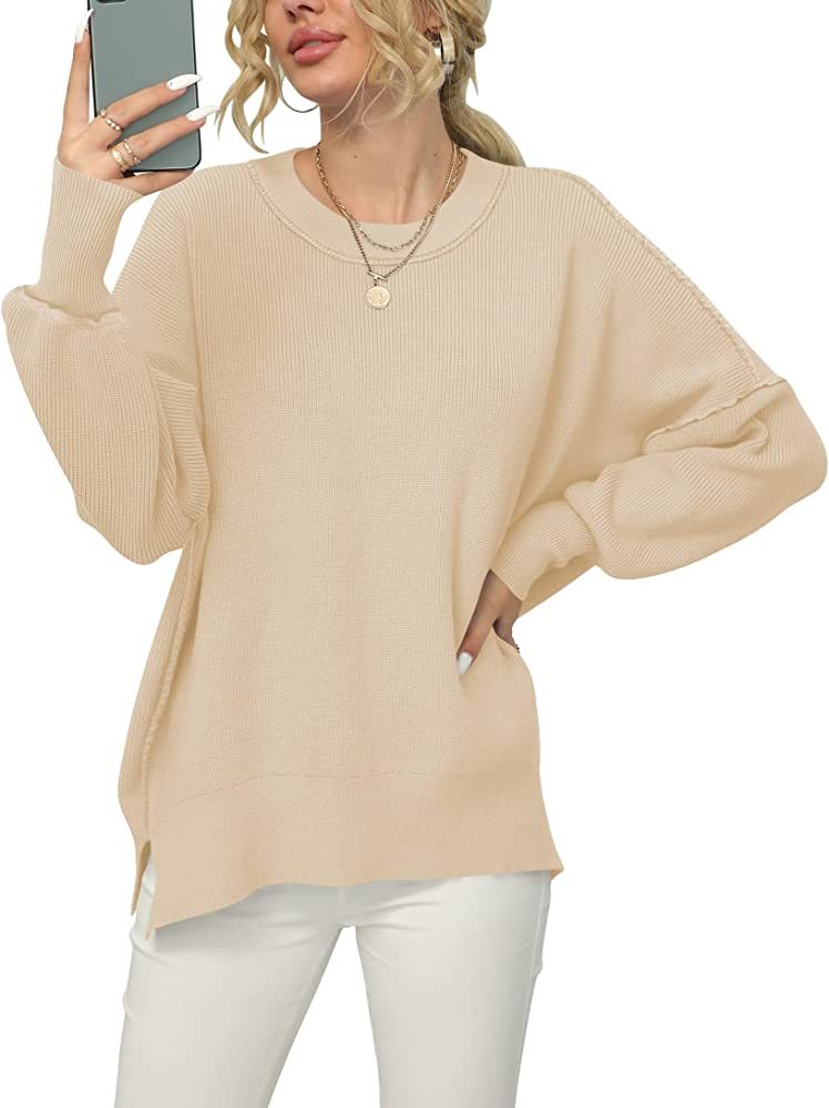 ANRABESS Women Crewneck Batwing Sleeve Oversized Side Slit Ribbed Knit Pullover Sweater Top | Amazon (CA)