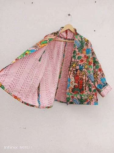 Handmade Kantha Jacket Quilted Short Kimono Women Wear White Frida Khalo pink | eBay UK