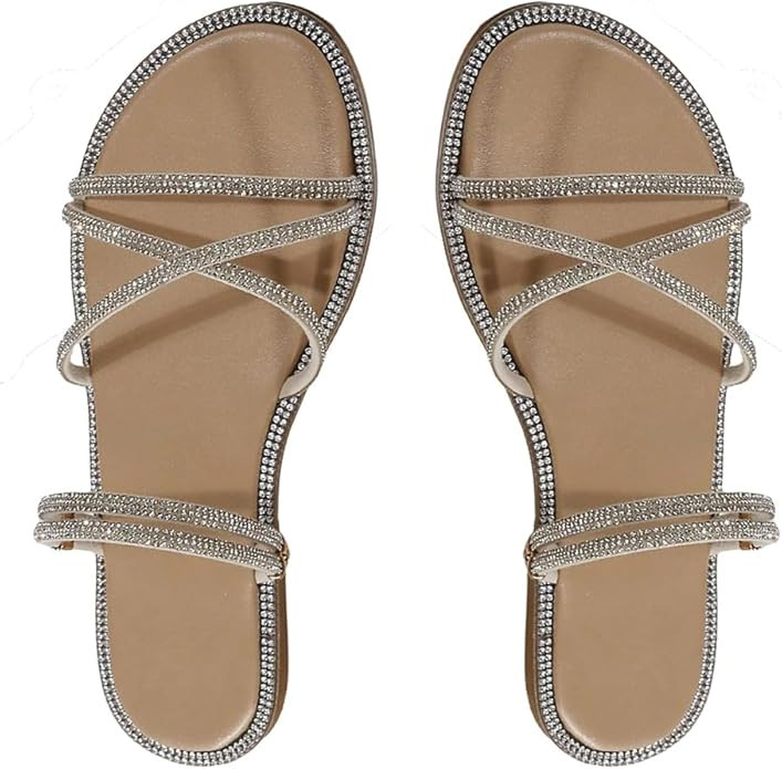 OYOANGLE Women's Rhinestone Strappy Open Toe Slide Sandals Slip on Casual Flat Sandals | Rhinesto... | Amazon (US)