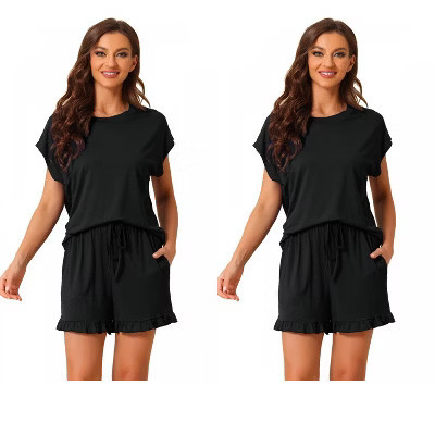 INSPIRE CHIC Women's 2 Pcs Summer Soft Short-Sleeve Tee with Ruffled Shorts Lounge Pajama Set 2 Packs Black X-Small | Target