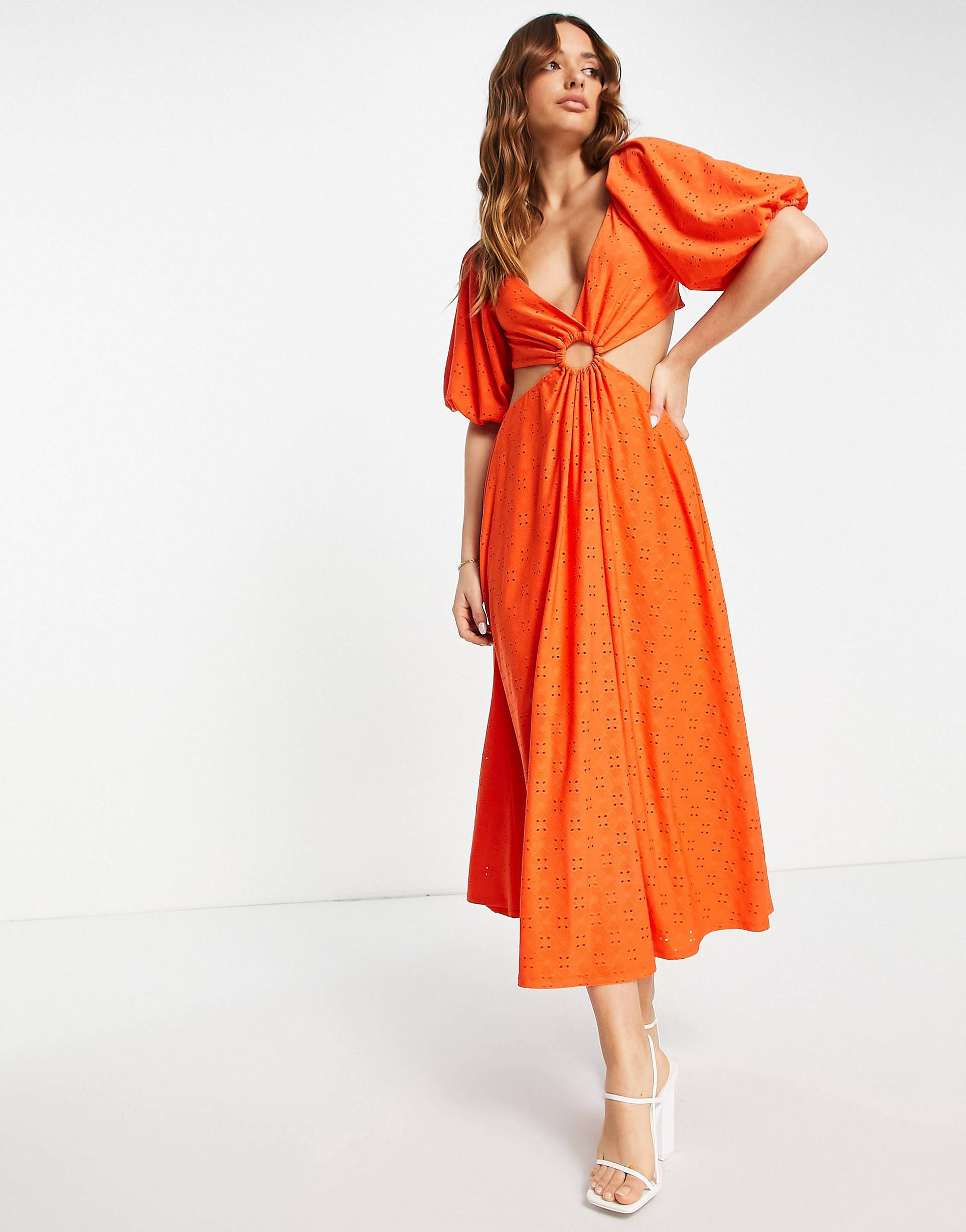 ASOS DESIGN broderie cut out midi dress in red | ASOS (Global)