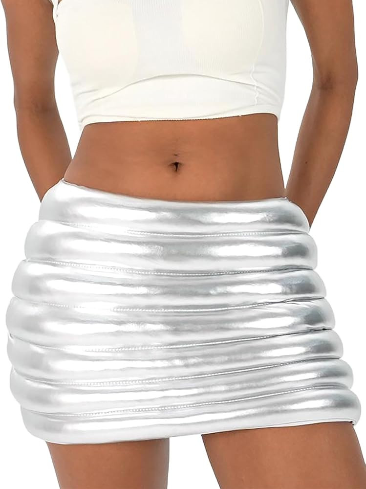 Silver Skirts for Women Sexy Metallic Puffer High Waist Y2k Mini Bubble Stretch Quilted Tube 3D O... | Amazon (US)
