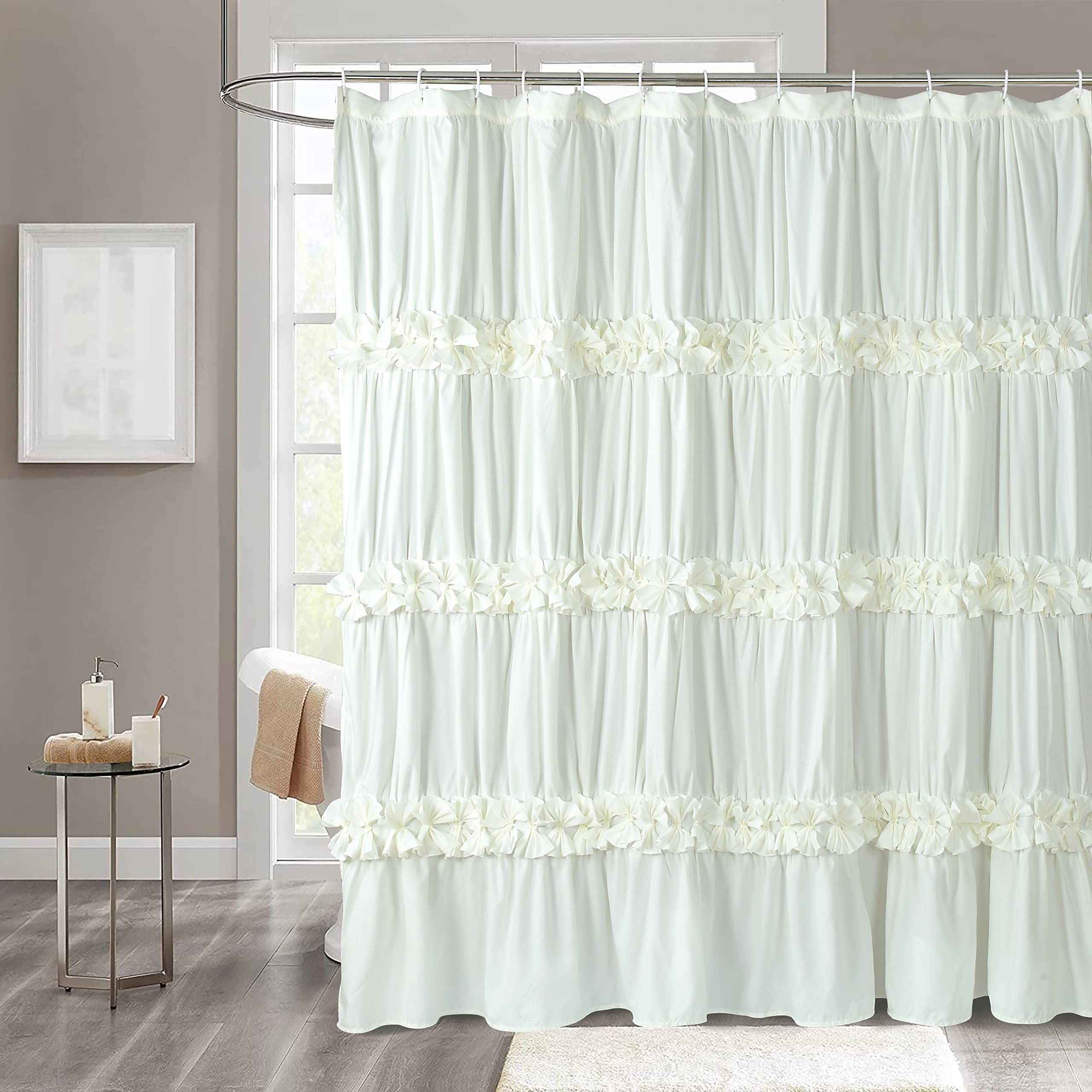 Cream Ruffle Shower Curtain, Vintage Handcrafted Bow Tie Bath Curtain for Master Bathroom, Ruched... | Amazon (US)