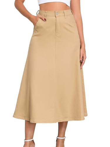 HUSKARY Denim Skirts for Women Trendy A Line High Waisted Long Jean Skirts Stretchy Pull On Flowy Denim Midi Skirt Pockets | Amazon (US)