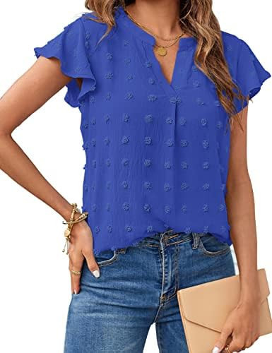 MEROKEETY Women 2023 Summer V Neck Ruffle Short Sleeve Blouse Swiss Dot Flowy Shirt Tunic Top | Amazon (US)