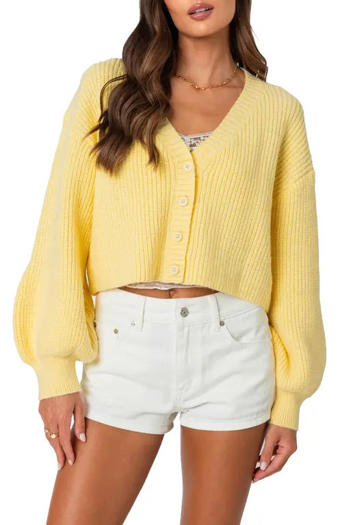 EDIKTED Sabrina Bishop Sleeve Crop Cardigan in Yellow at Nordstrom, Size Medium | Nordstrom