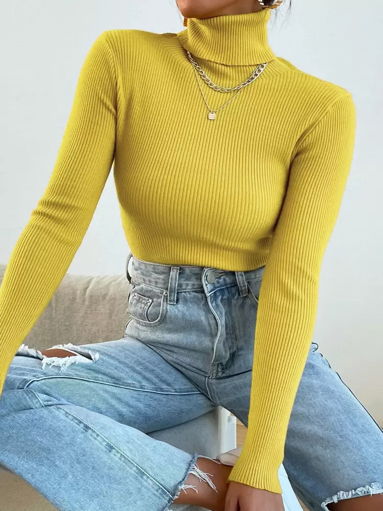 SHEIN Mulvari Turtleneck Ribbed Knit Sweater Without Necklace,Long Sleeve Tops | SHEIN