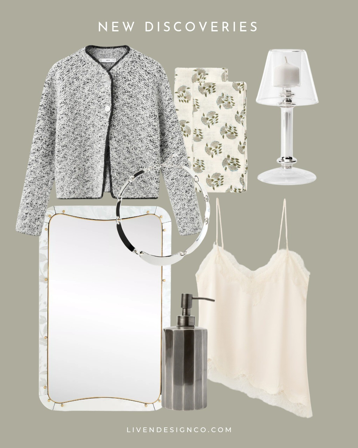 New discoveries. Home decor. Tweed jacket. Glass table lamp. Candle holders. Floral napkins. Dining. Wall mirror. Soap dispenser. Bathroom decor. Lace camisole. Silver necklace 

#LTKSeasonal #LTKSaleAlert #LTKHome