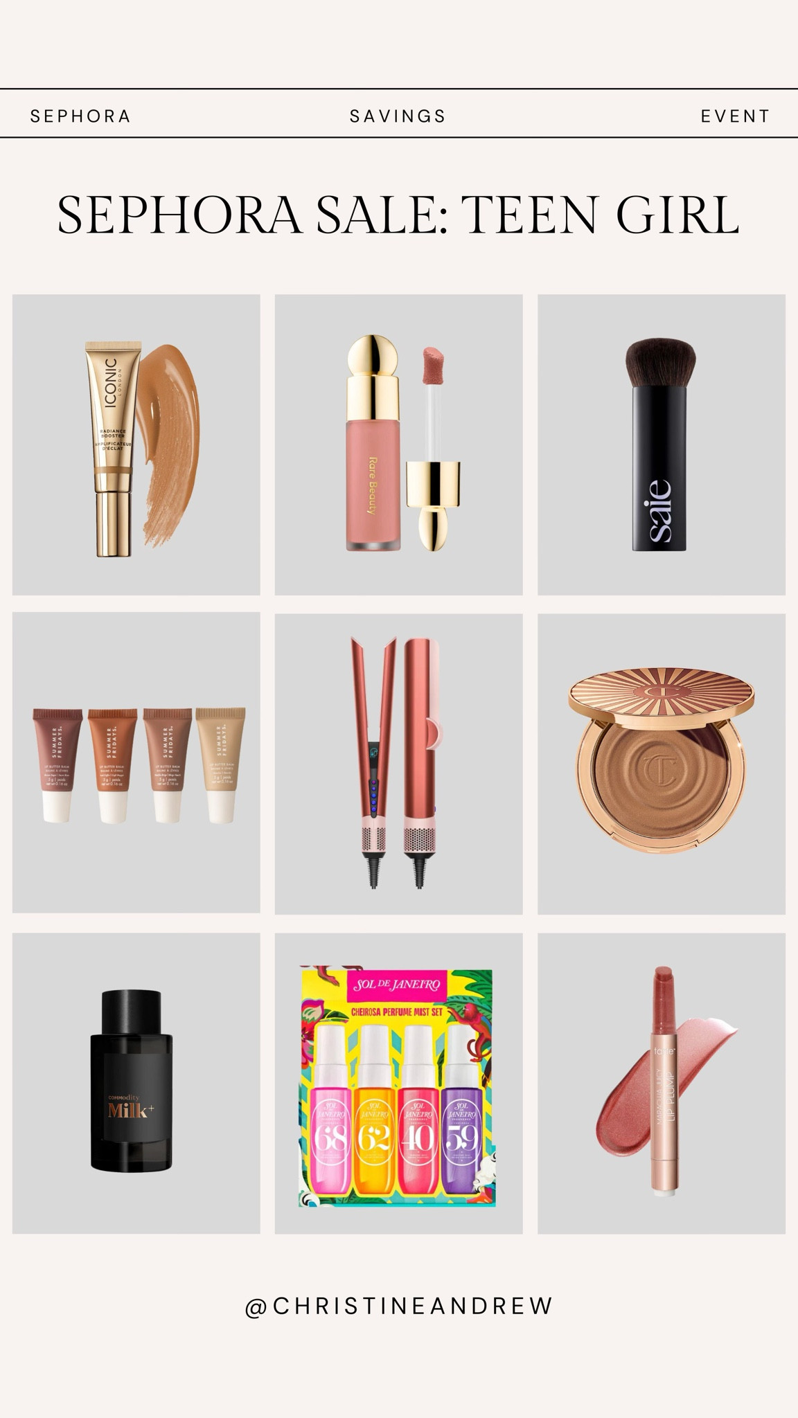 Sephora sale: Teen Girl picks 💖 Sephora rouge members get 20% off now with code: SAVINGS 

These are all products my teenage daughter uses and loves. This Milk perfume is her favorite scent! These would make great Christmas gifts for teen girls ✨

Her shades:
Rare beauty liquid blush: Hope
Tarte Maracuja lip gloss: mixed berry
Saie lip liner: Tease

Teen girl gift, Sephora teen girl, Sephora sale, beauty sale, summer Fridays minis, saie brush, rare beauty blush, sol de janerio gift, charlotte tilbury bronzer, tween girl gift, teen girl Christmas, gift for her, Christine Andrew 

#LTKBeauty #LTKSaleAlert #LTKGiftGuide