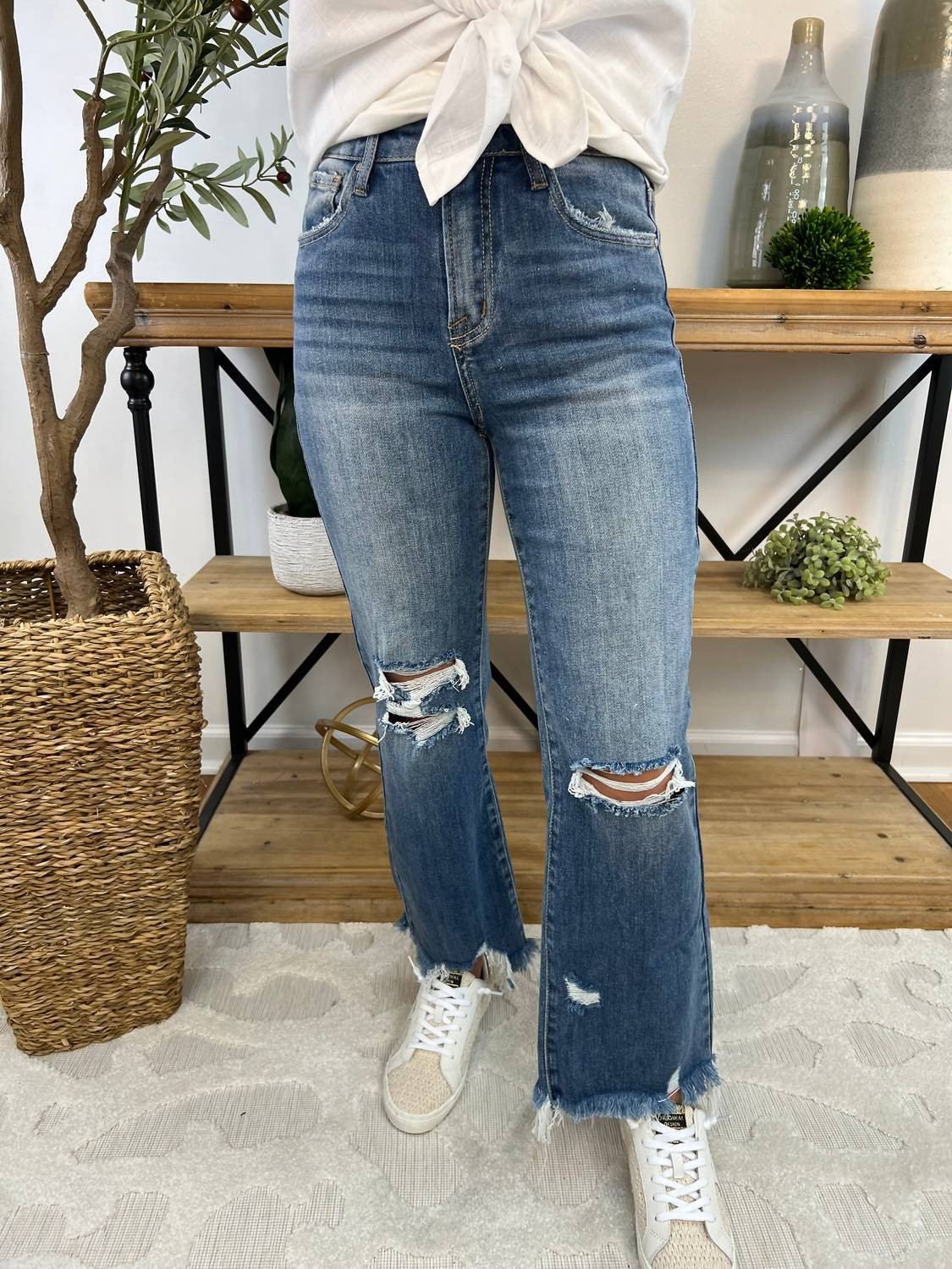 High Rise Distressed Straight Jeans In Dark Wash | Shop Simon