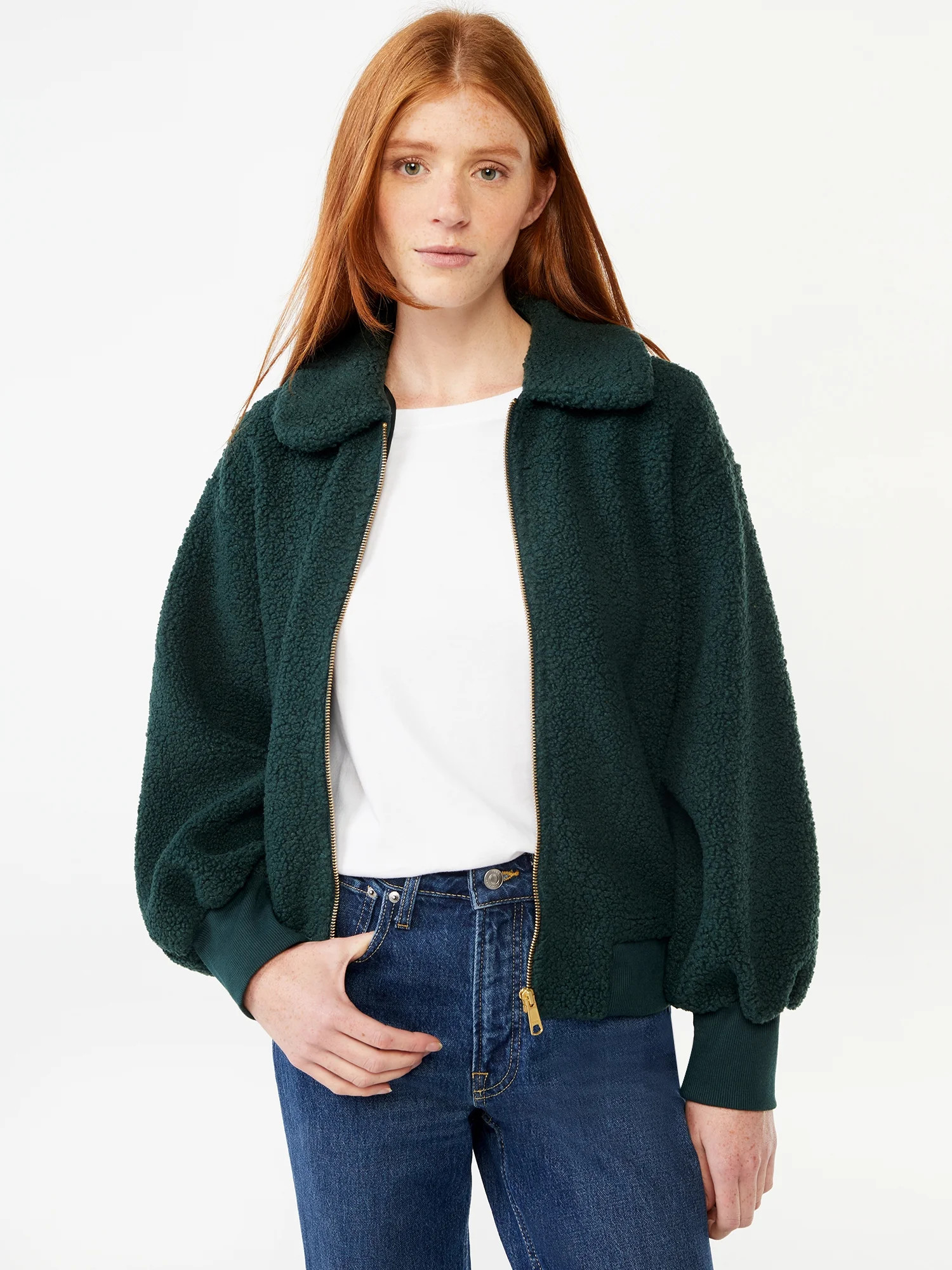 Free Assembly Women's Zip Front Teddy Bomber Jacket - Walmart.com | Walmart (US)