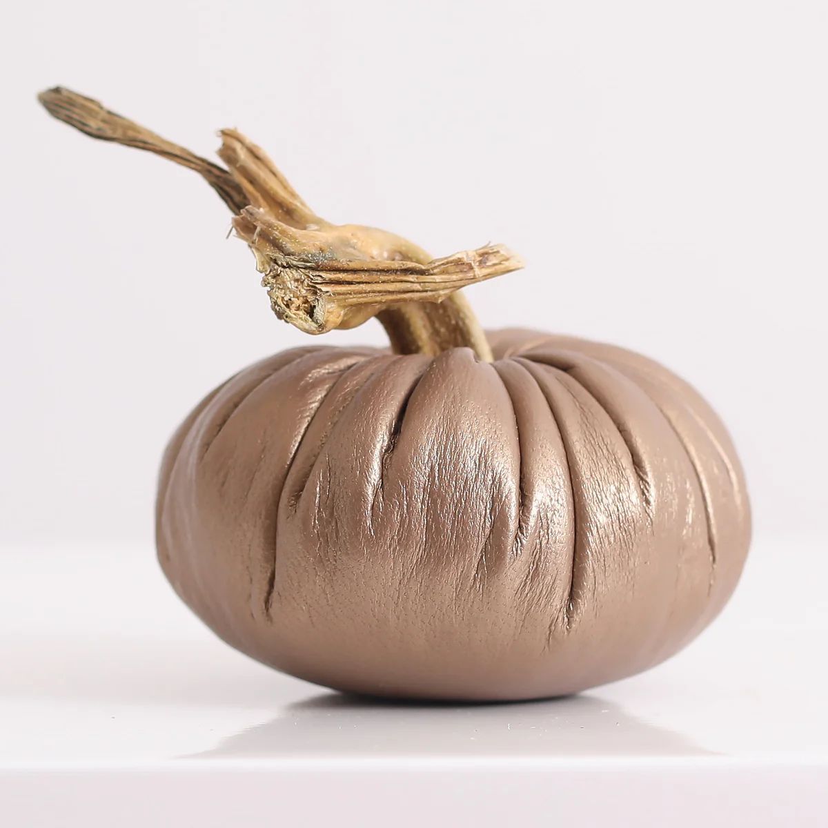 Plush Pumpkin Luxury Lambskin Leather Real Stem Pumpkin Fall Decor - Gold Mica 4" | Darby Creek Trading