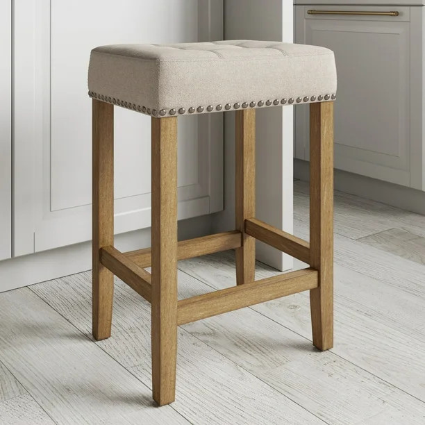 Nathan James Hylie Nailhead Wood Pub-Height Kitchen Counter Bar Stool 24", Natural Flax/Light Bro... | Walmart (US)
