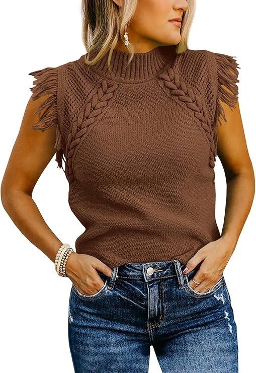 Saodimallsu Womens Sleeveless Sweater Vest Mock Neck Cable Knit Fringe Cap Sleeve Boho Trendy Pul... | Amazon (US)