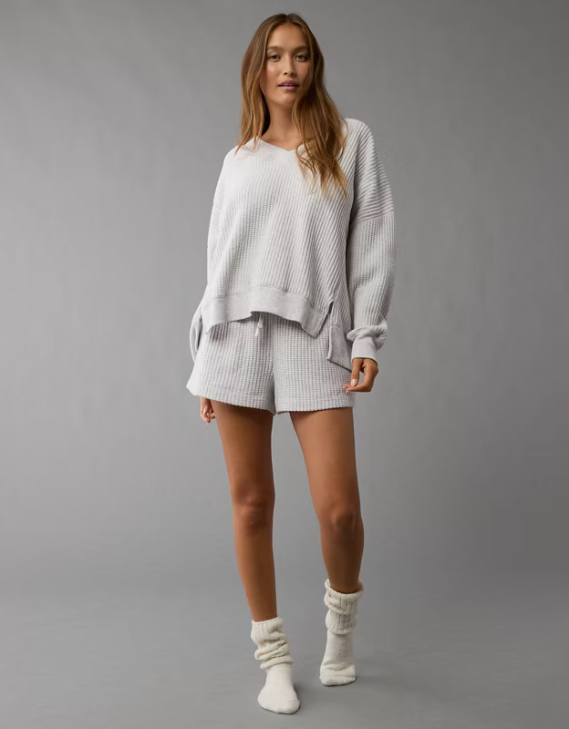 AE Big Hug V-Neck Waffle Sweatshirt | American Eagle Outfitters (US & CA)